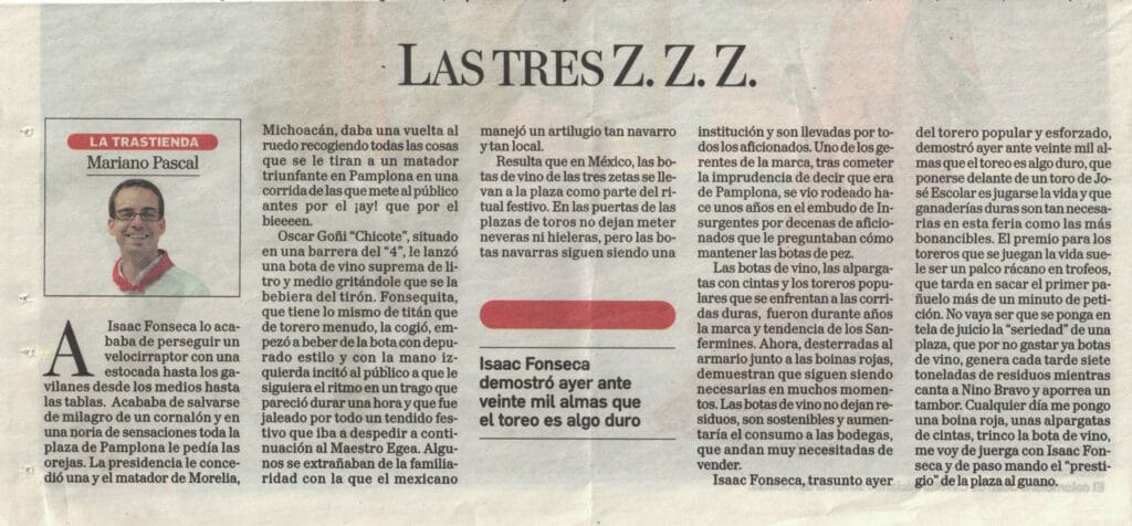 Artículo Mariano Pascal sobre toreros y botas de vino